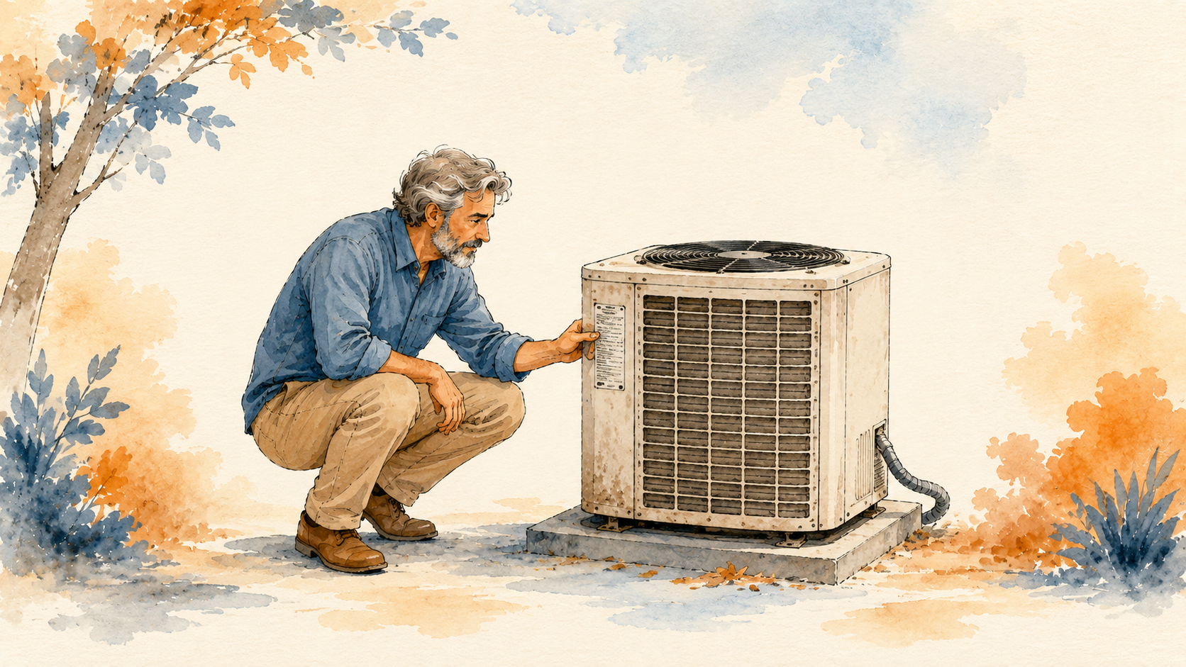 A homeowner checking the age label on an older outdoor air conditioner unit