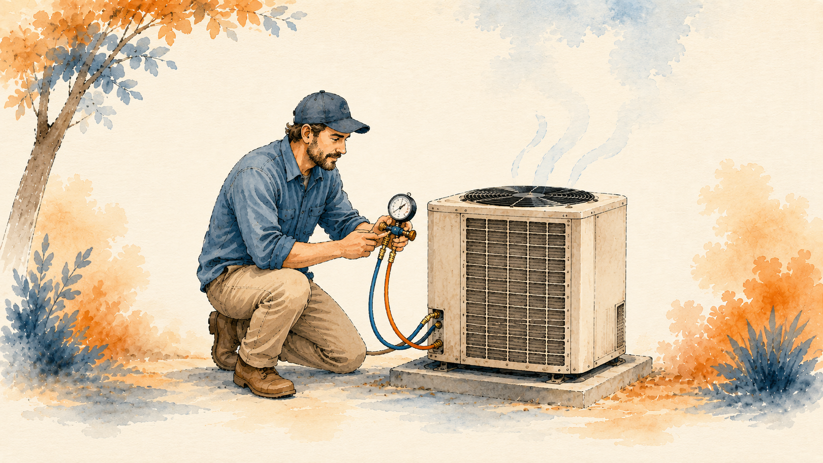 A technician checking a refrigerant gauge on an outdoor air conditioner unit