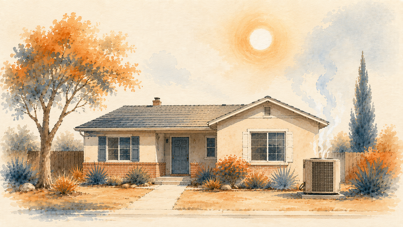 An older air conditioner working hard beside a suburban home under a hot summer sun