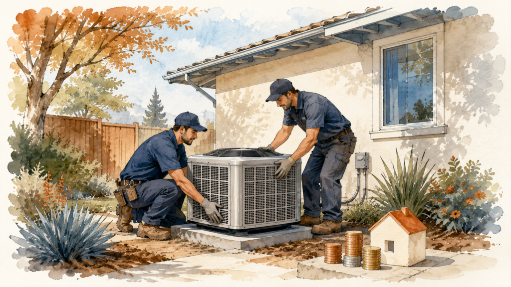 New outdoor air conditioner being installed beside a sunny Elk Grove home