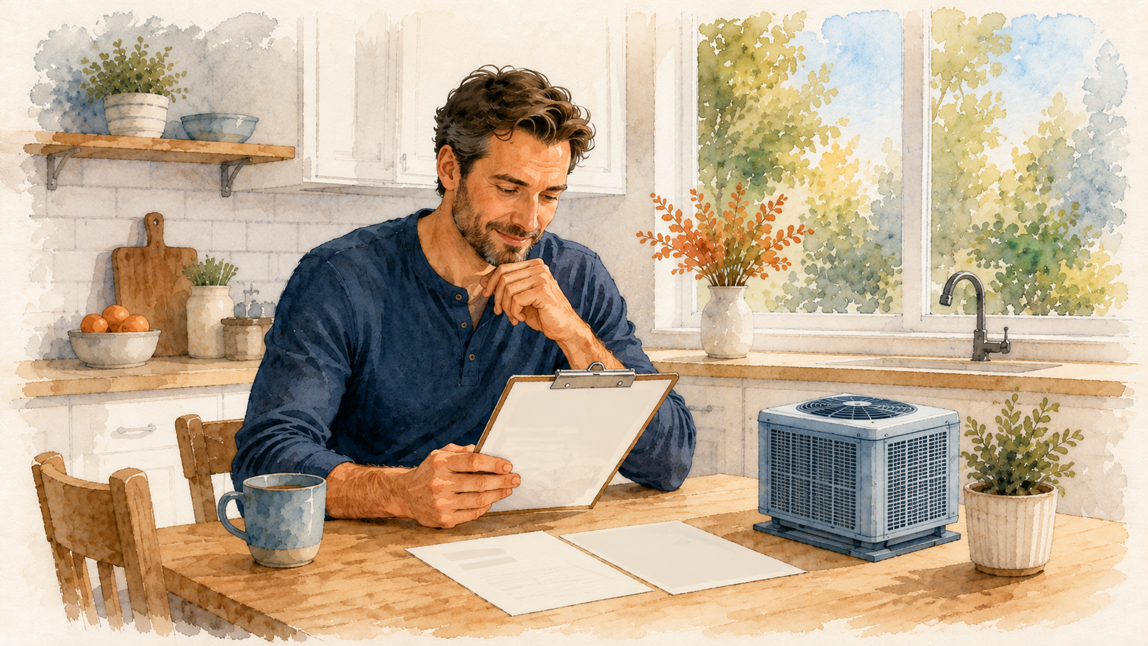 Homeowner reviewing AC replacement estimates at the kitchen table