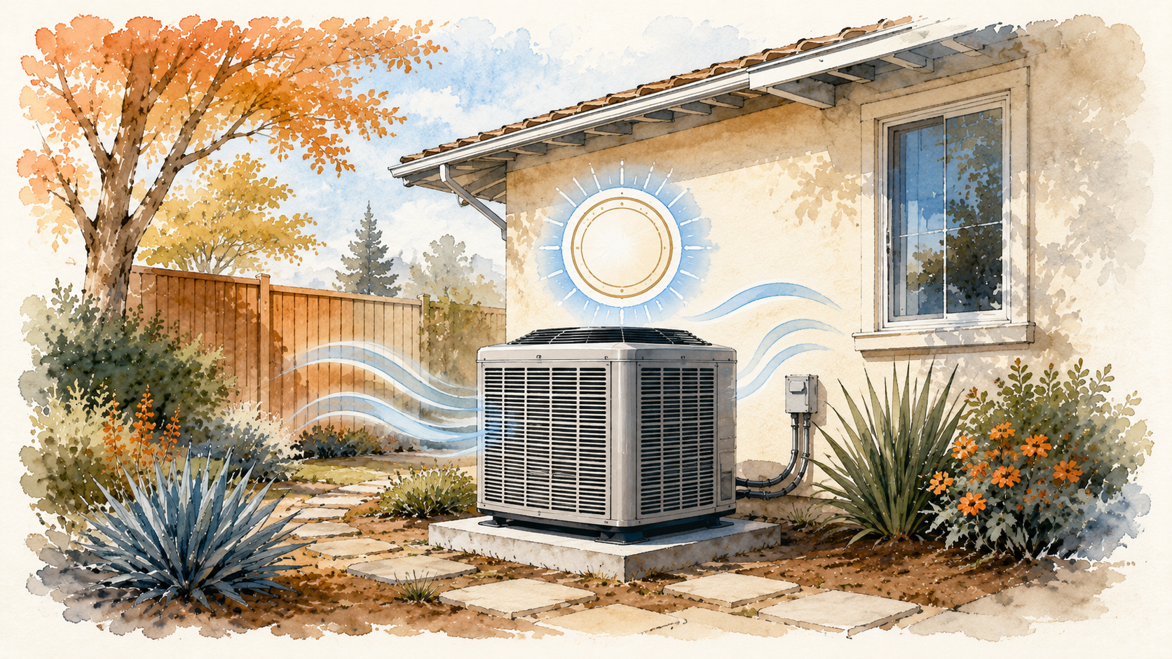 New high efficiency outdoor AC unit with cool airflow beside a home