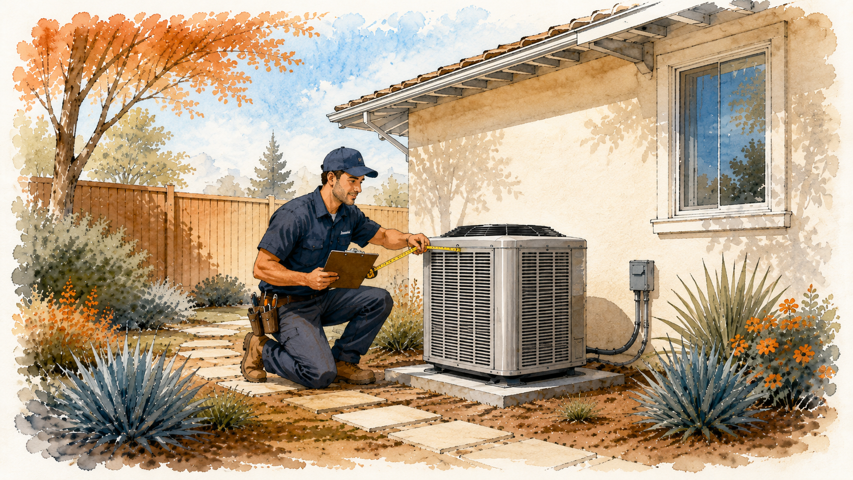 Technician measuring and sizing a new AC for a home