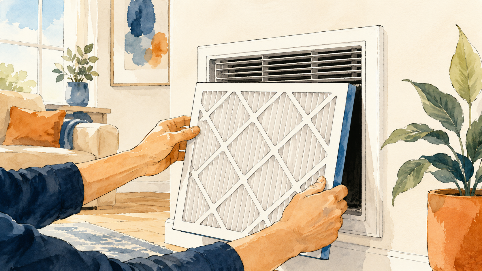 Two hands sliding a clean home air filter into a wall return vent inside a bright home