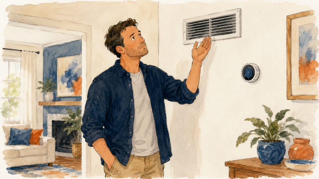 Homeowner in a suburban living room holding a hand up to a wall vent to feel the airflow, with a round wall thermostat nearby