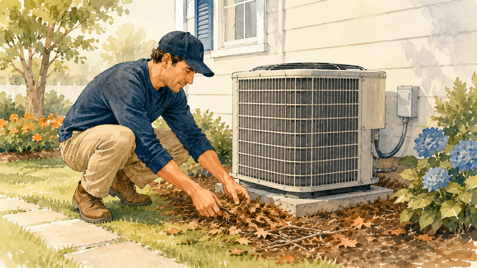 A calm homeowner at a kitchen table with a clipboard, a round wall thermostat and a clean home air filter beside them