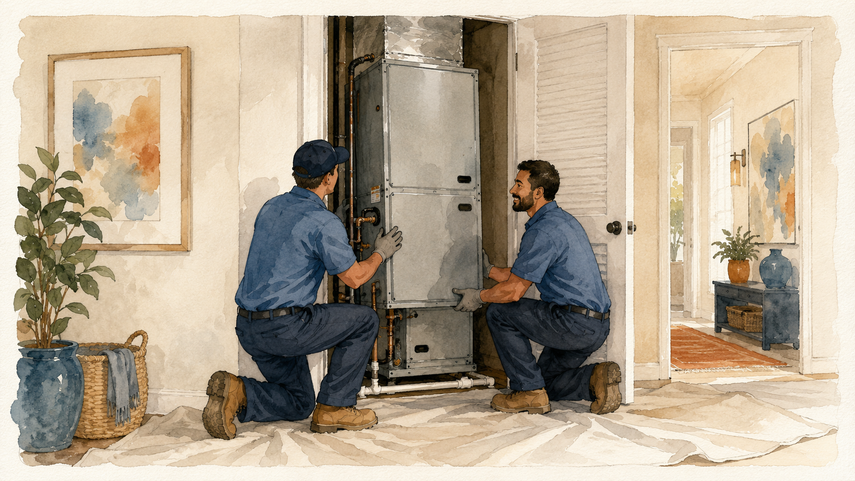 Two technicians setting new indoor AC equipment on drop cloths