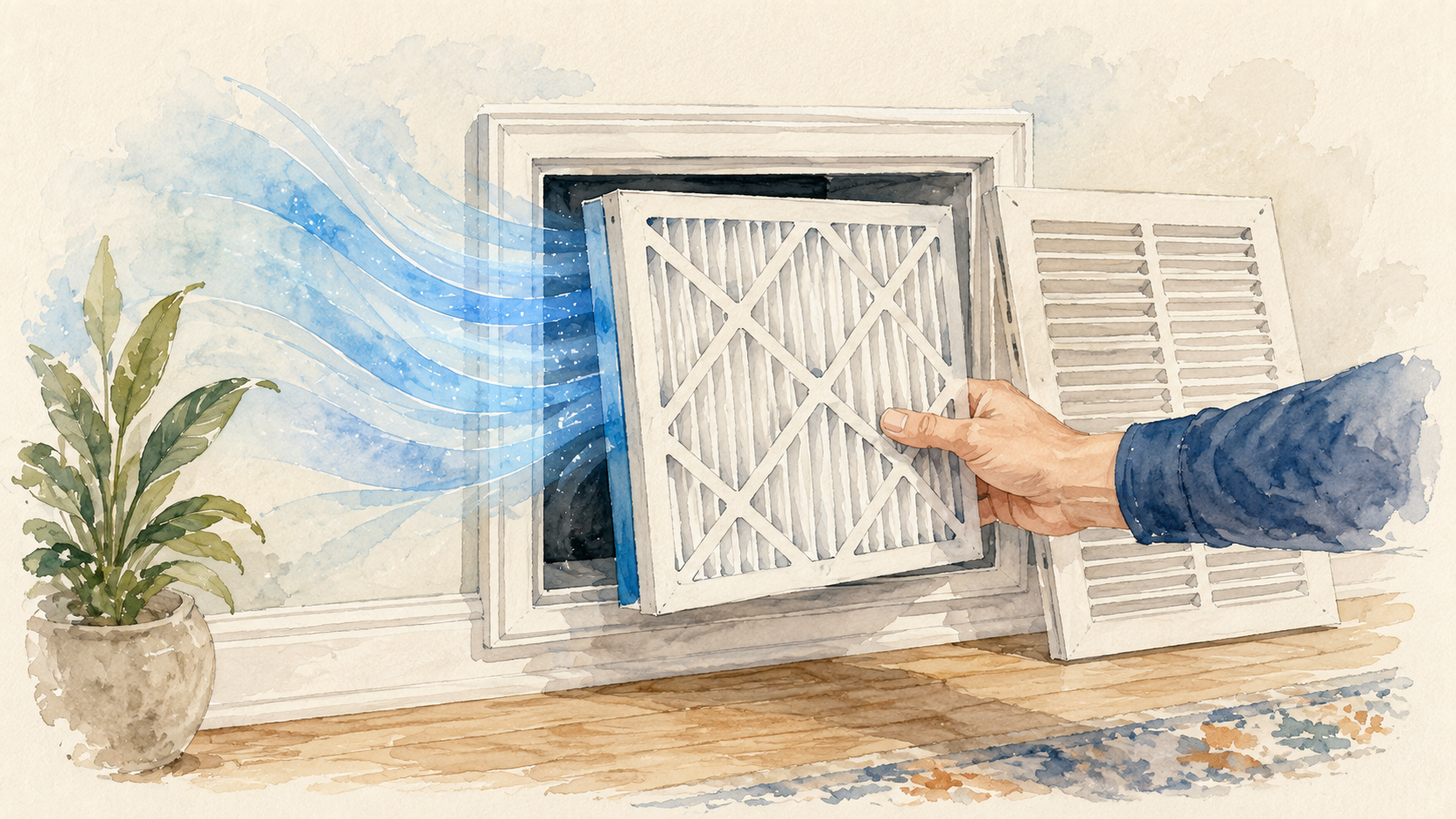 Hand sliding a clean pleated filter into a wall return vent