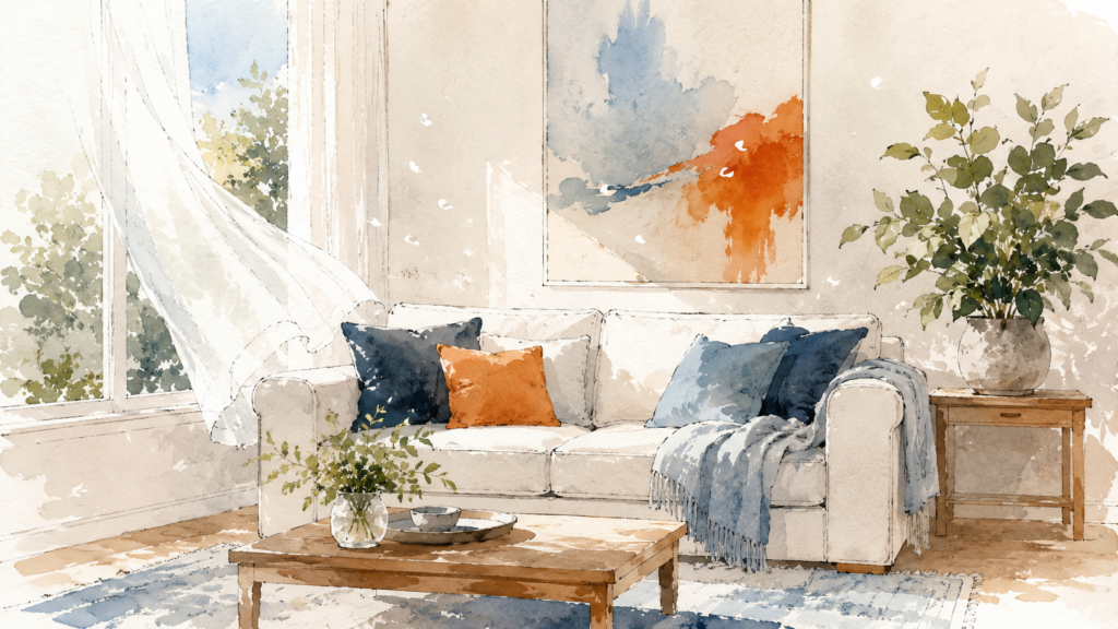 Bright airy Elk Grove living room with clean air drifting through sunlit windows
