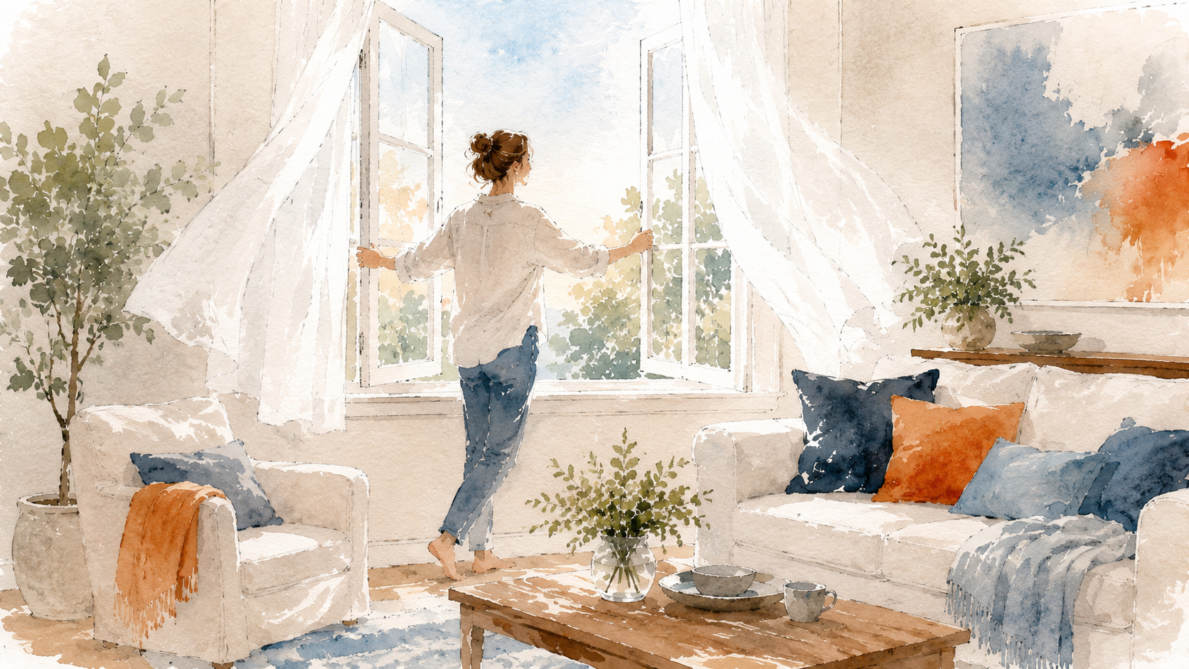 Homeowner opening a window in the cool morning to let fresh air into a living room