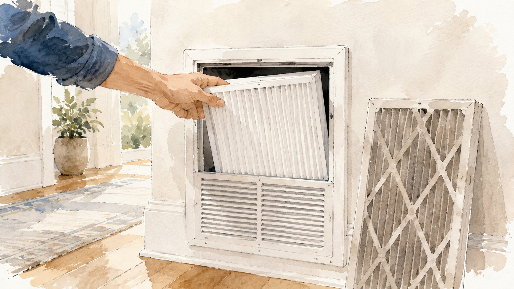 Hand sliding a clean pleated filter into a hallway return vent beside a dusty old filter