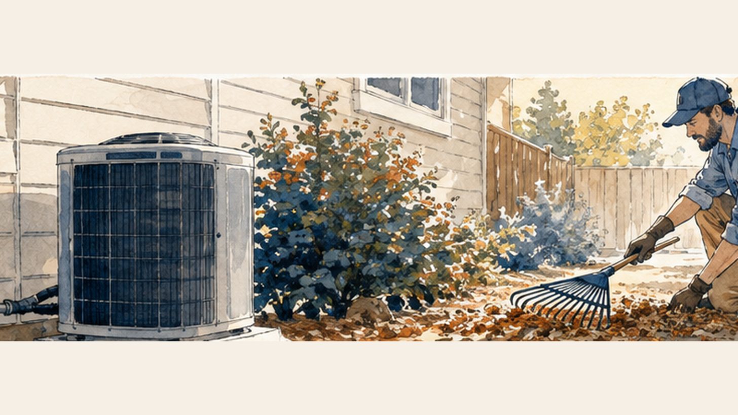 Homeowner raking leaves away from an outdoor AC unit in a side yard