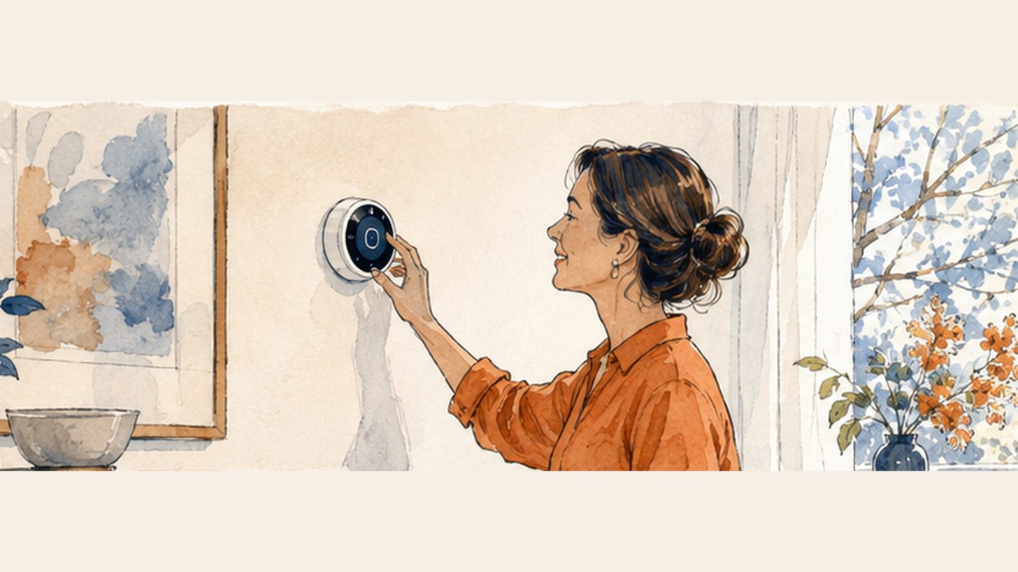 Homeowner setting a wall thermostat on a mild spring day