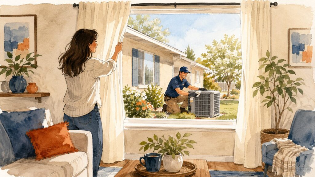 Homeowner opening curtains to spring light while a technician services the outdoor AC unit