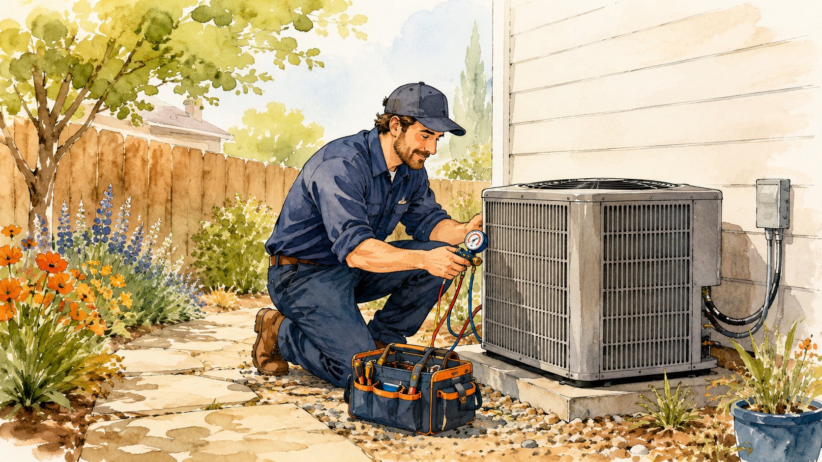 Technician checking an outdoor AC unit with a gauge in a sunny side yard