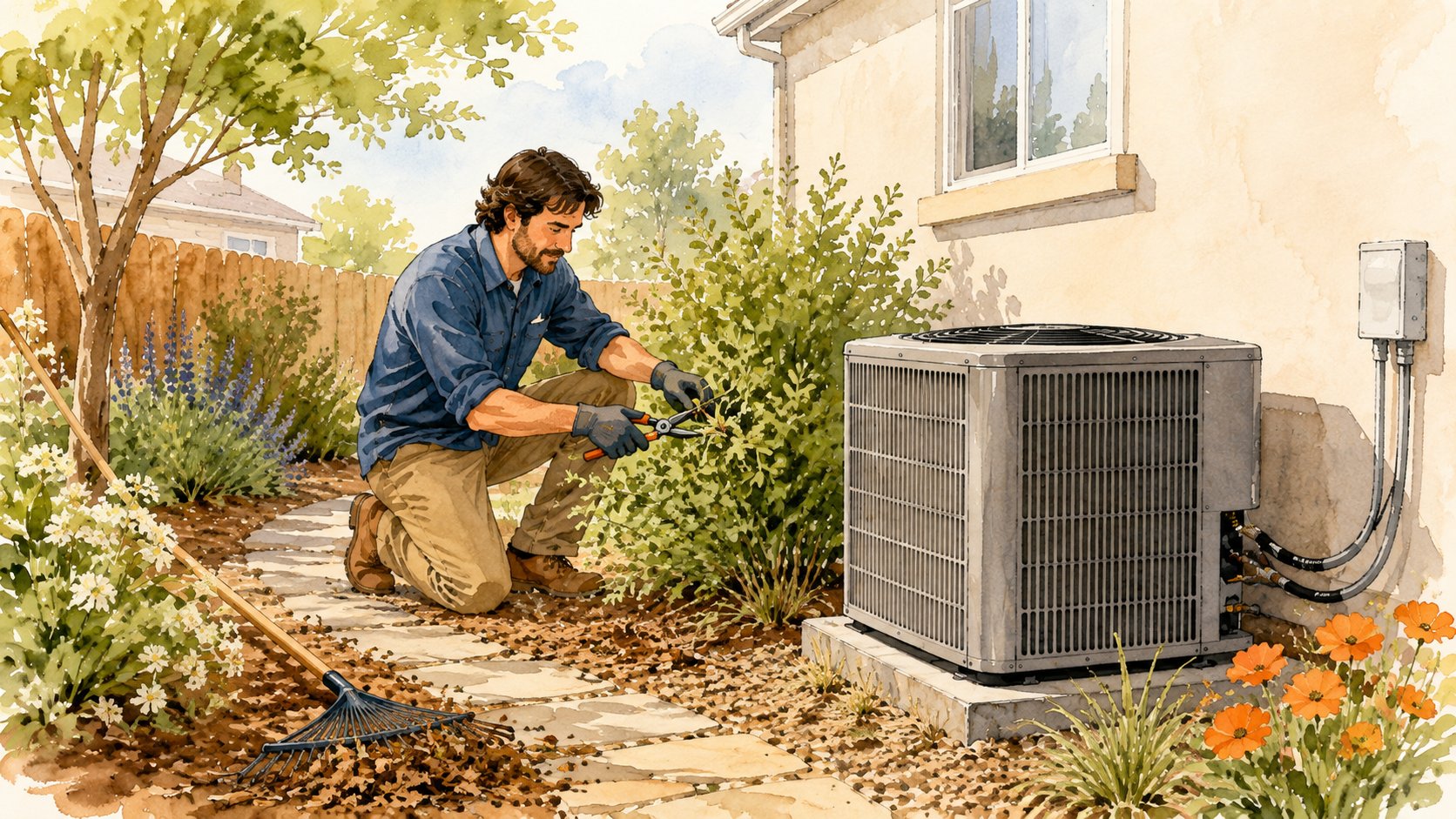 Homeowner clearing leaves and shrubs away from an outdoor AC unit