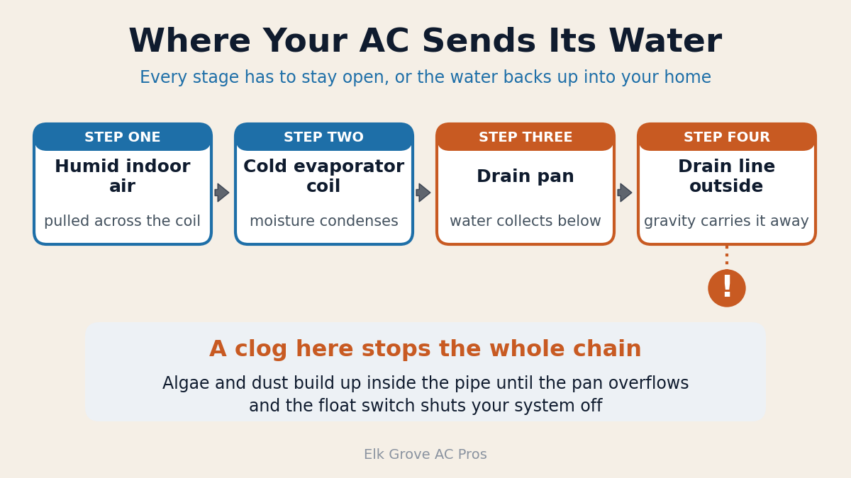 Diagram of where an air conditioner sends its water from coil to drain pan to drain line