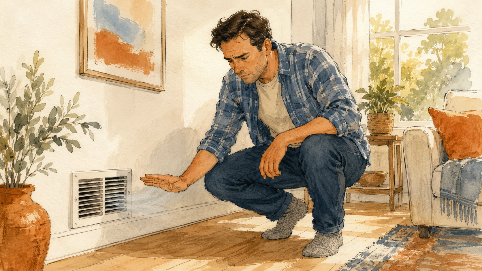 Homeowner feeling weak air at an indoor wall vent in a sunny living room