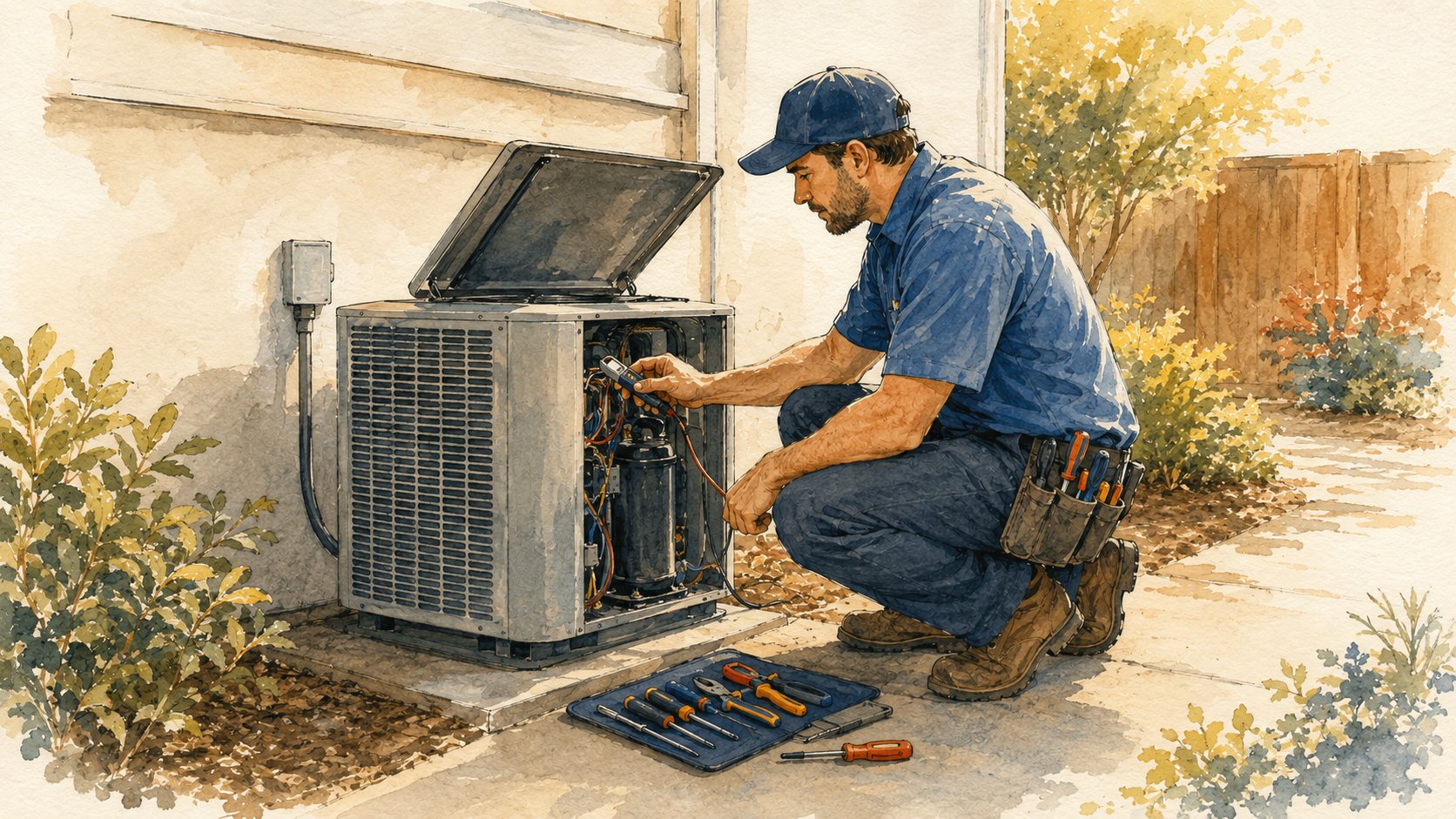 Technician testing a component inside an opened outdoor air conditioning unit