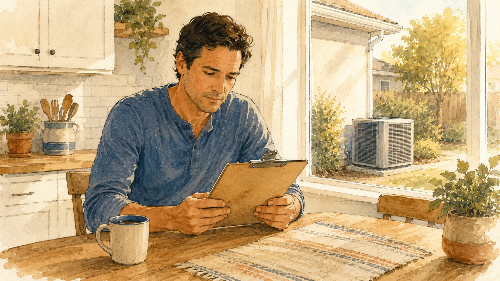 Homeowner reviewing a repair estimate at a sunny kitchen table