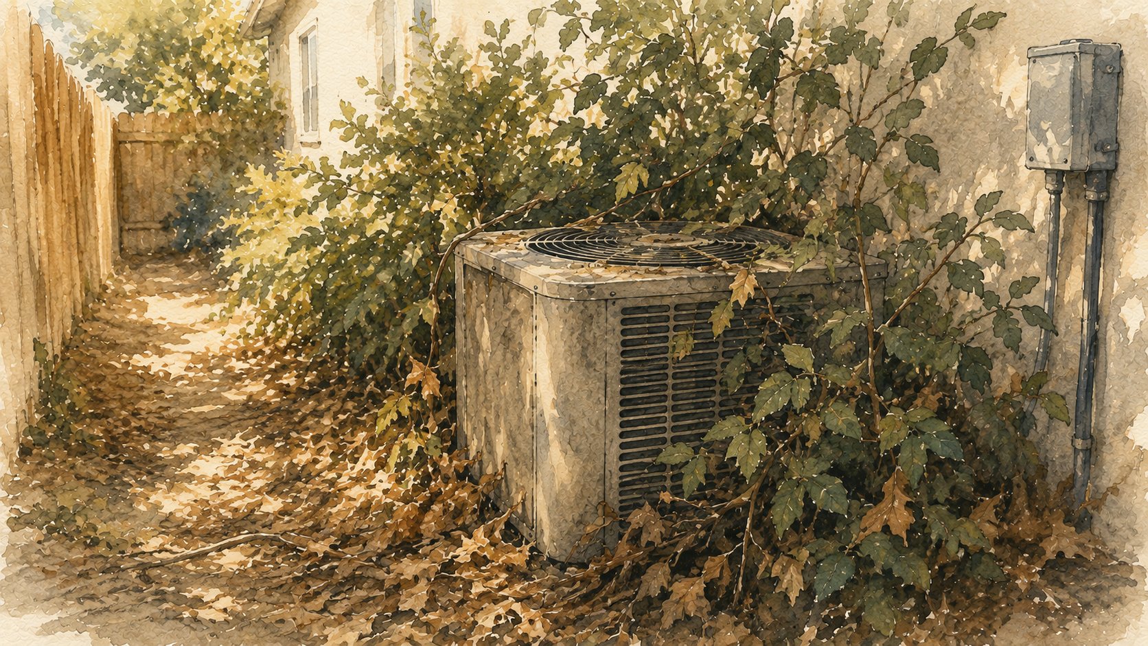 Neglected outdoor air conditioning unit surrounded by overgrown shrubs and leaves