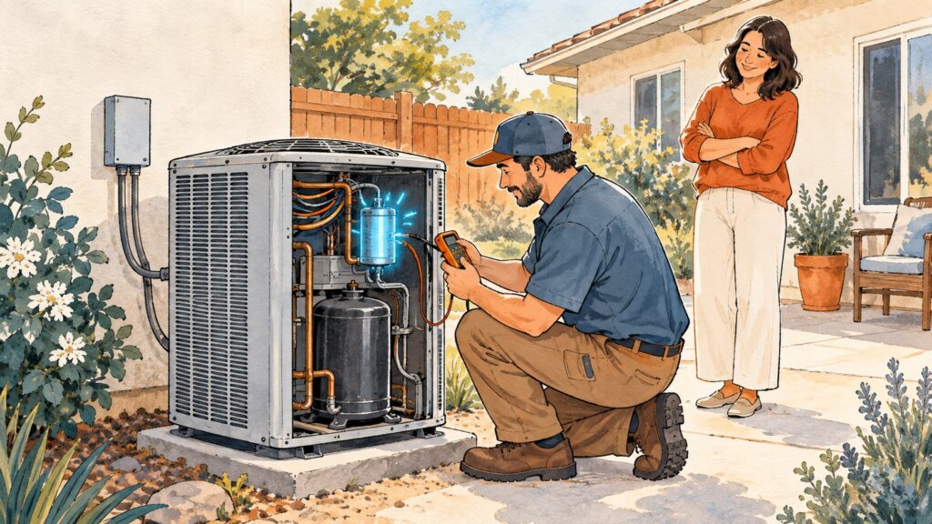 Technician testing a glowing AC capacitor while a homeowner watches