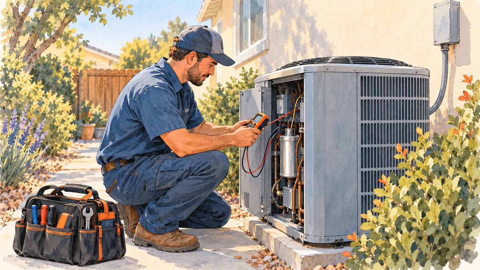 Technician testing an outdoor AC unit with a handheld meter