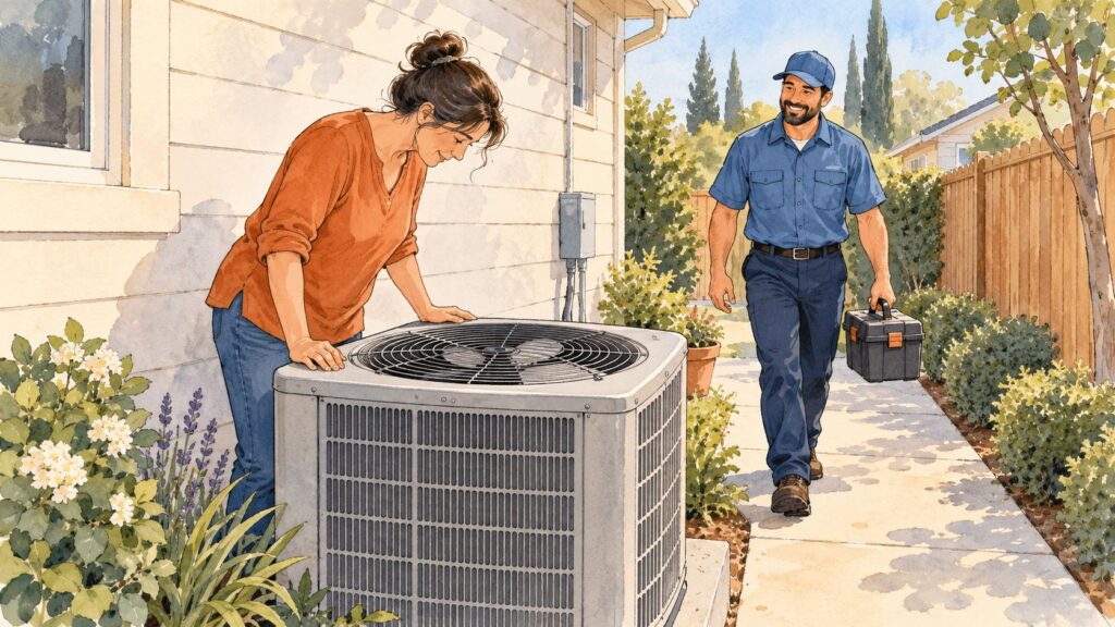 Homeowner looking at a still fan blade on an outdoor AC unit as a technician arrives to help
