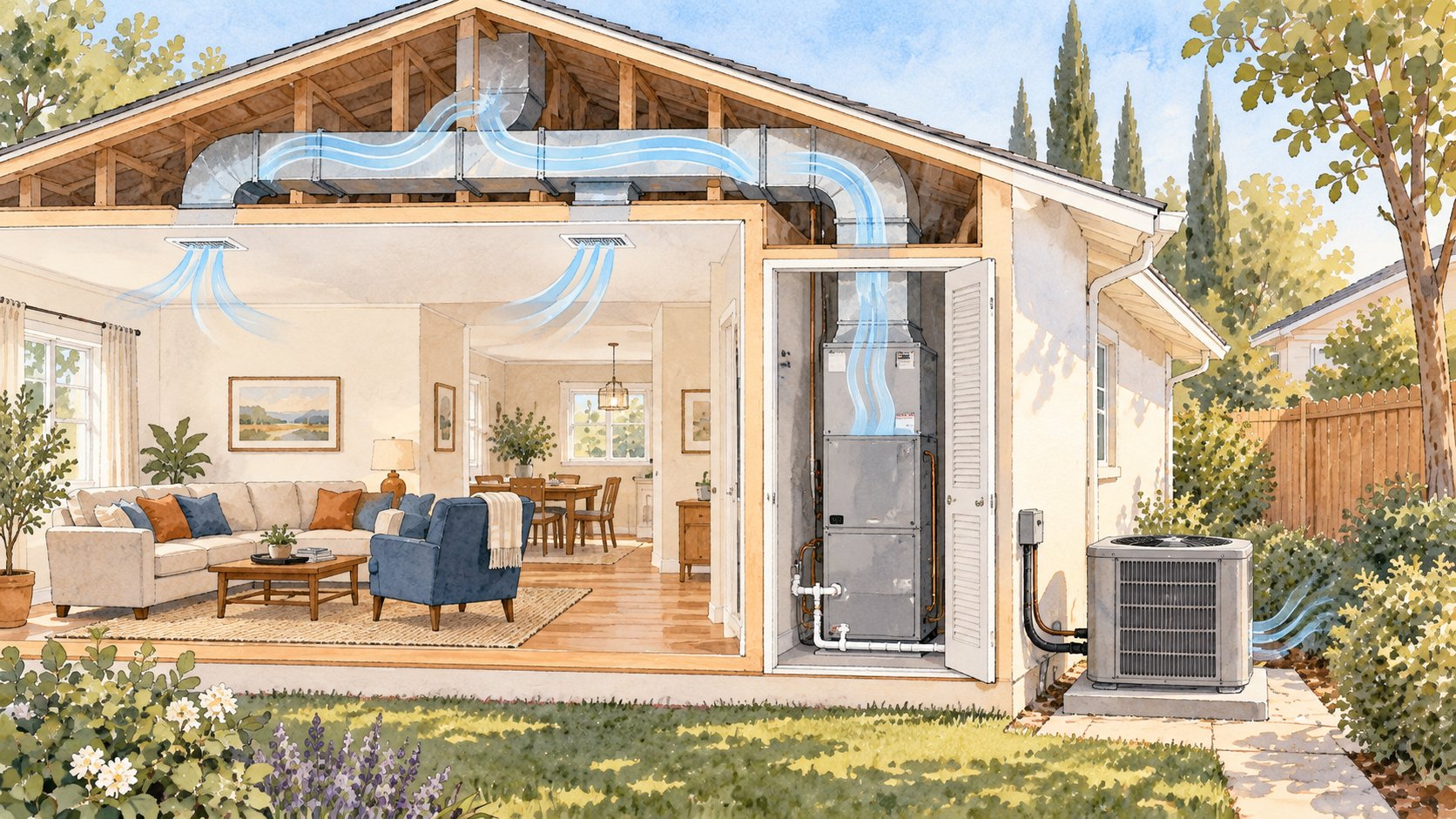 Cutaway of a suburban home showing the indoor air handler and the outdoor condenser unit connected by airflow