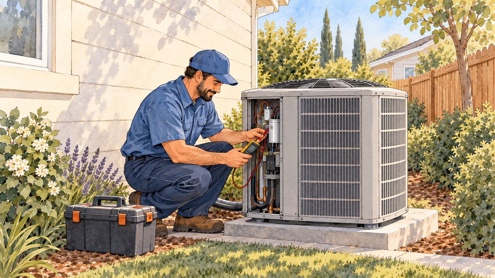 Technician testing a component with a handheld meter at an opened outdoor AC unit