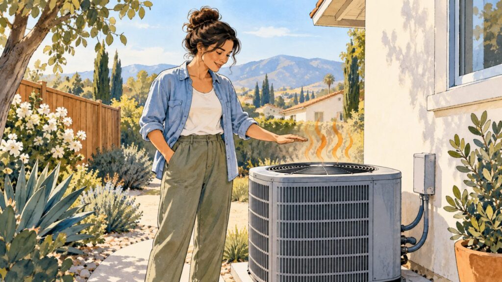 Homeowner feeling warm air rising from an outdoor AC unit