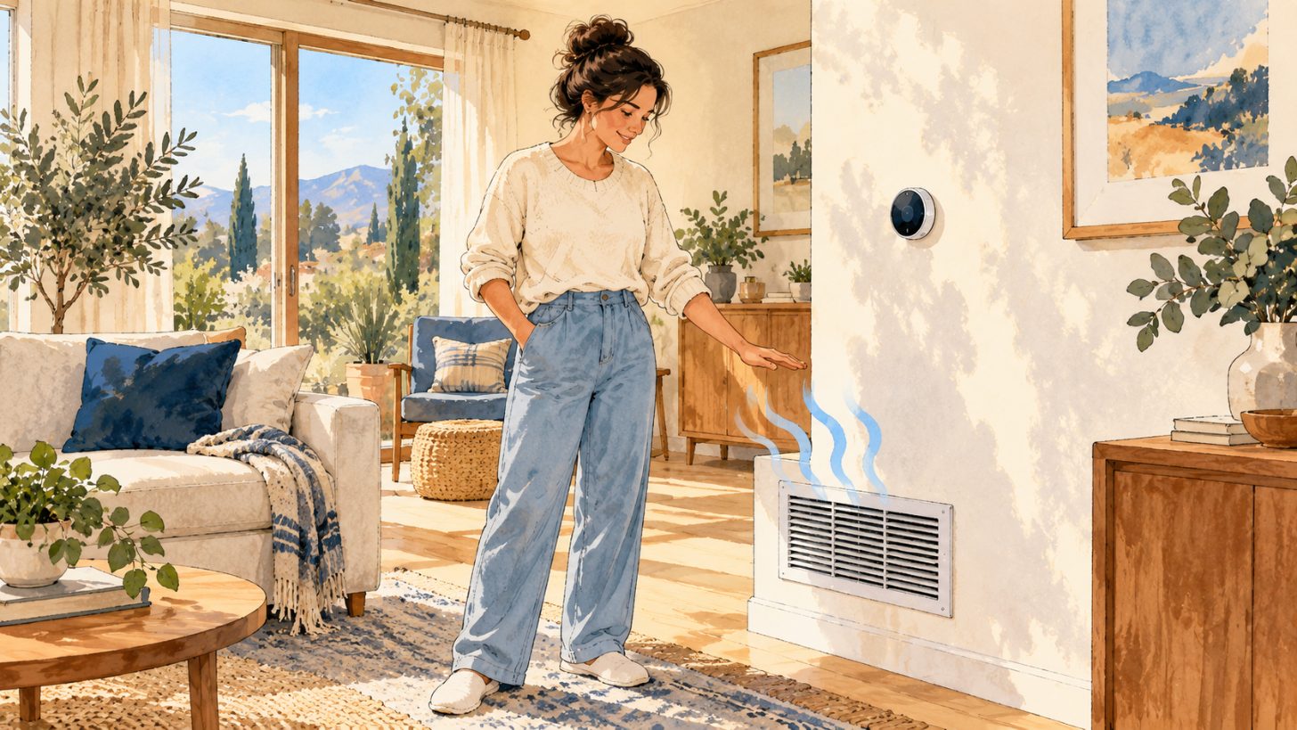 Homeowner checking the air at a living room vent