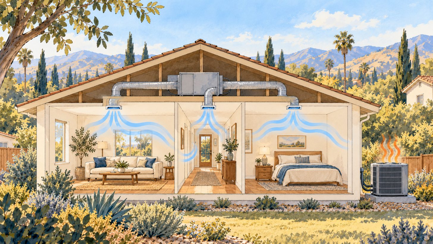 Cutaway of a home showing cool air inside and heat leaving outside