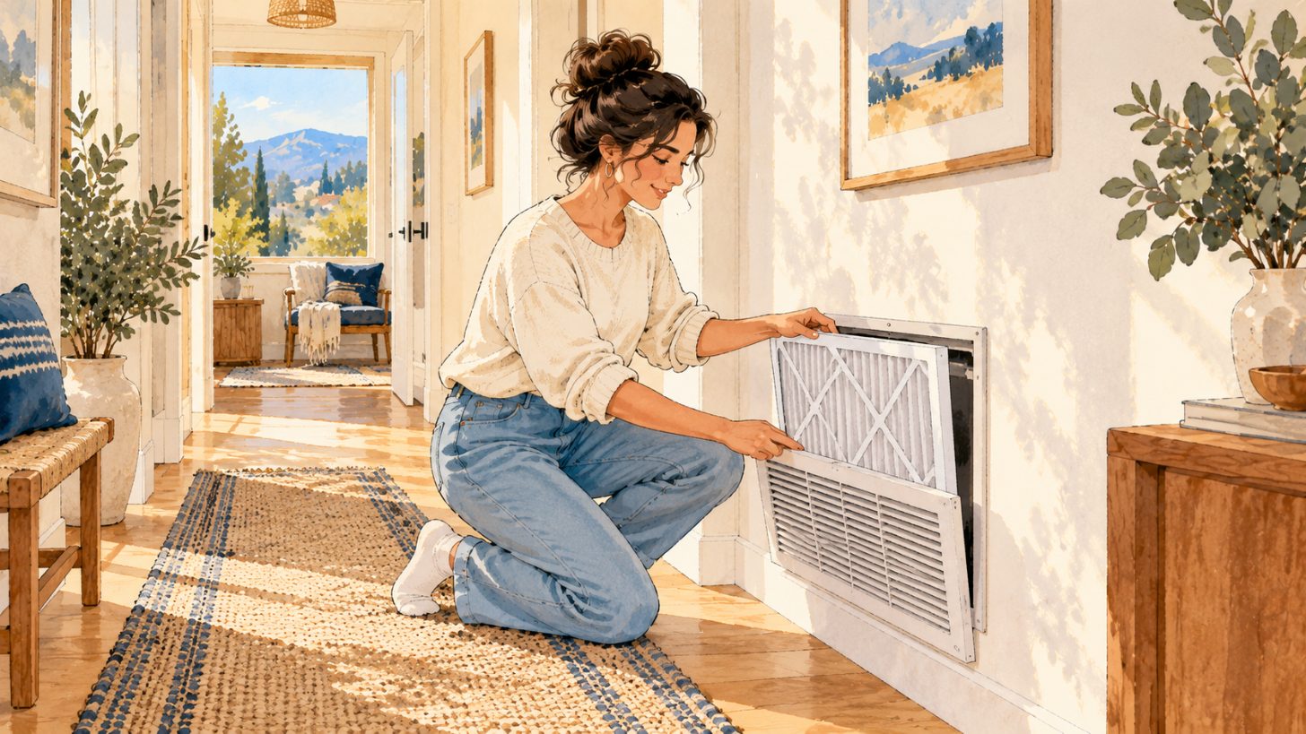 Homeowner sliding a fresh filter into a return grille