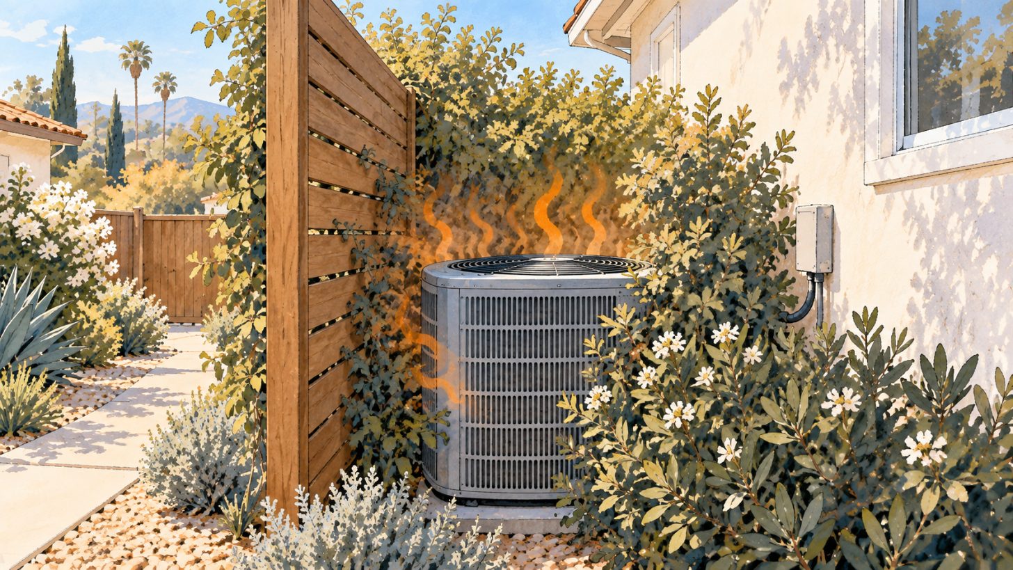 Outdoor AC unit crowded by a screen and overgrown shrubs