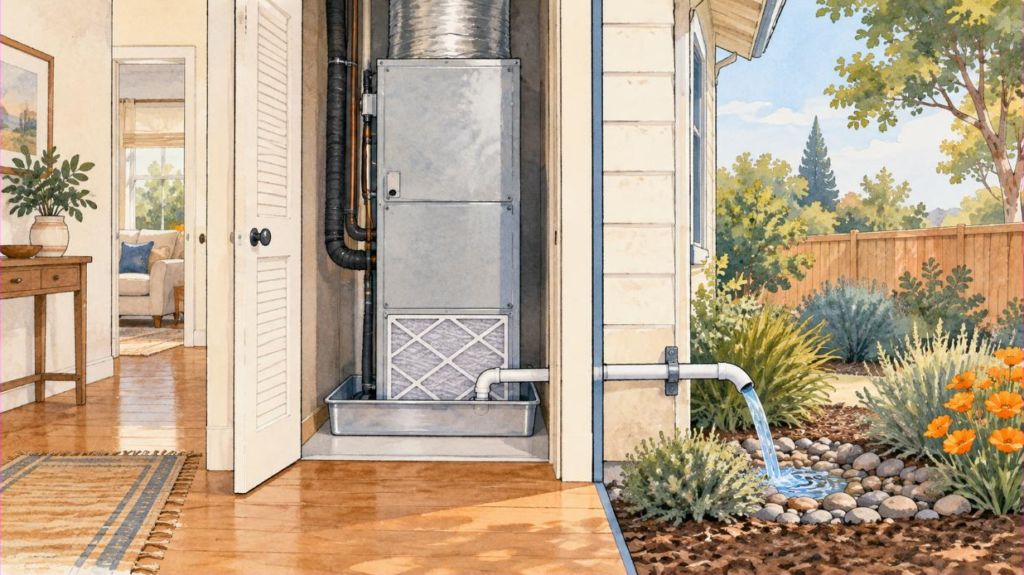 Cutaway of an indoor air handler with a drain pan and a pipe carrying water outside