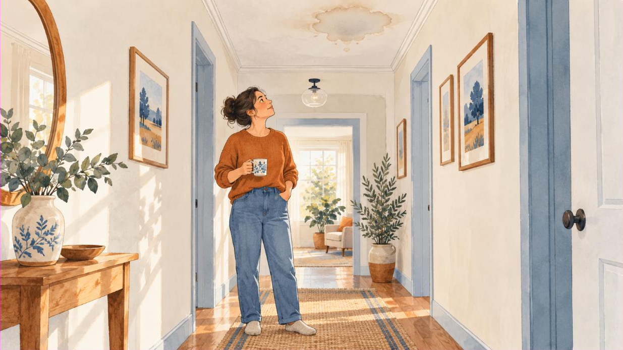 Homeowner in a hallway looking up at a water stain on the ceiling