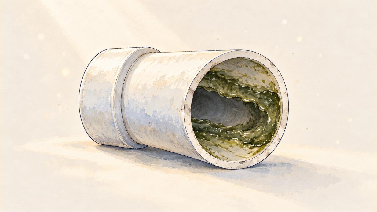 Cutaway of a small drain pipe narrowed by algae buildup inside