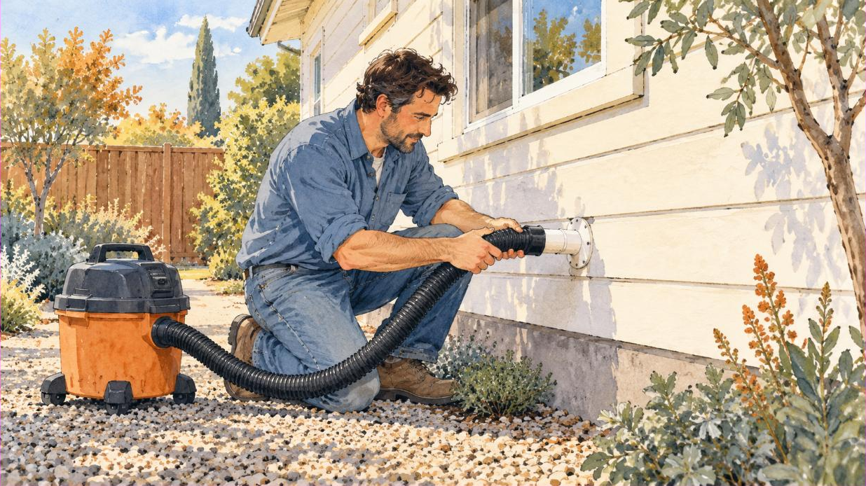 Homeowner using a shop vacuum on the outdoor end of an AC drain pipe